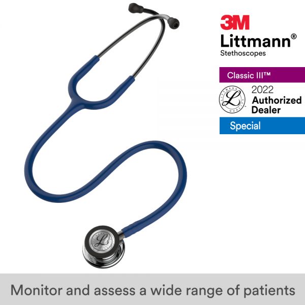 3M Littmann Classic III Stethoscope, Mirror Chestpiece, Navy Blue Tube, 5863